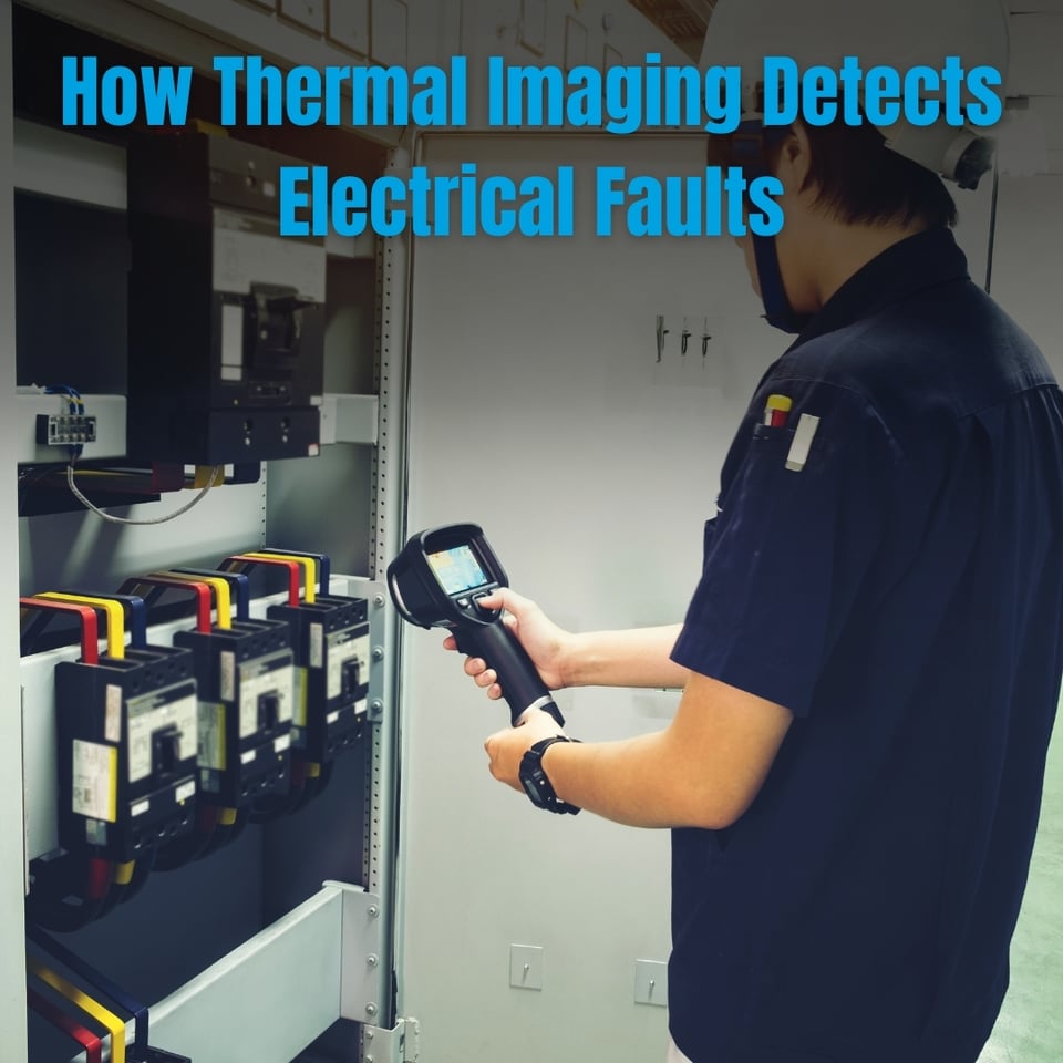 This image is of a GT HVAC & Electrical technician using thermal imaging equipment to identify electrical faults and overheating components inside a Melbourne switchboard.