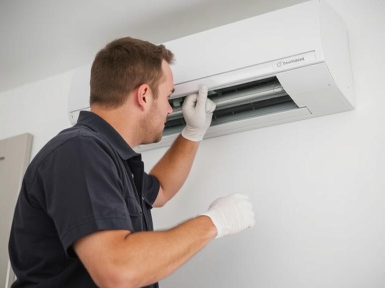 This is an image of a GT HVAC Technician servicing a residential air conditioning unit in a Melbourne home, and the Mornington Peninsula