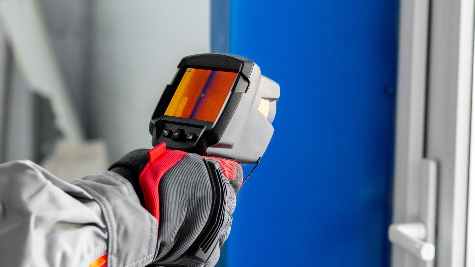 echnician holding a handheld thermal imaging camera, inspecting a building surface for heat loss