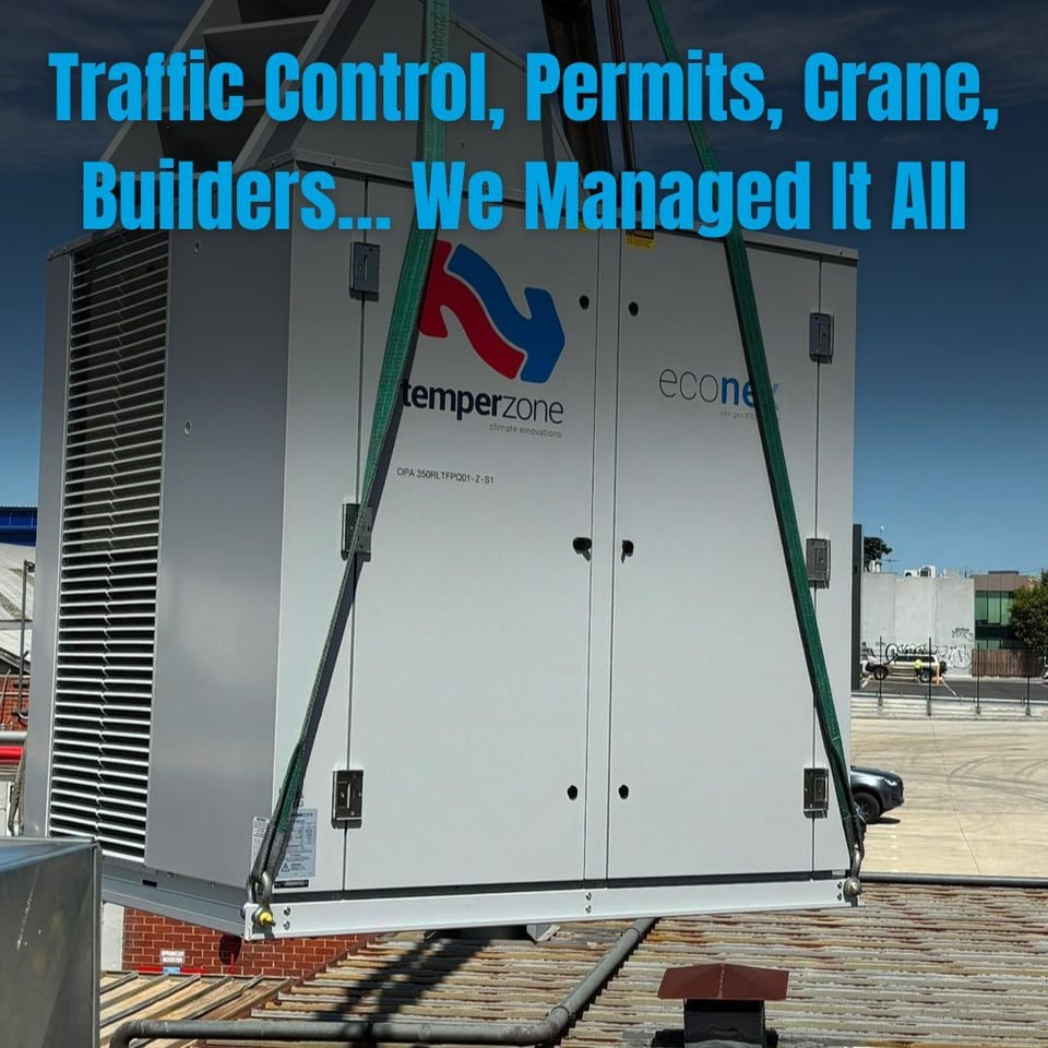 this is an image of commercial hvac crane lift temperzone air conditioning installation traffic control permits melbourne gt hvac