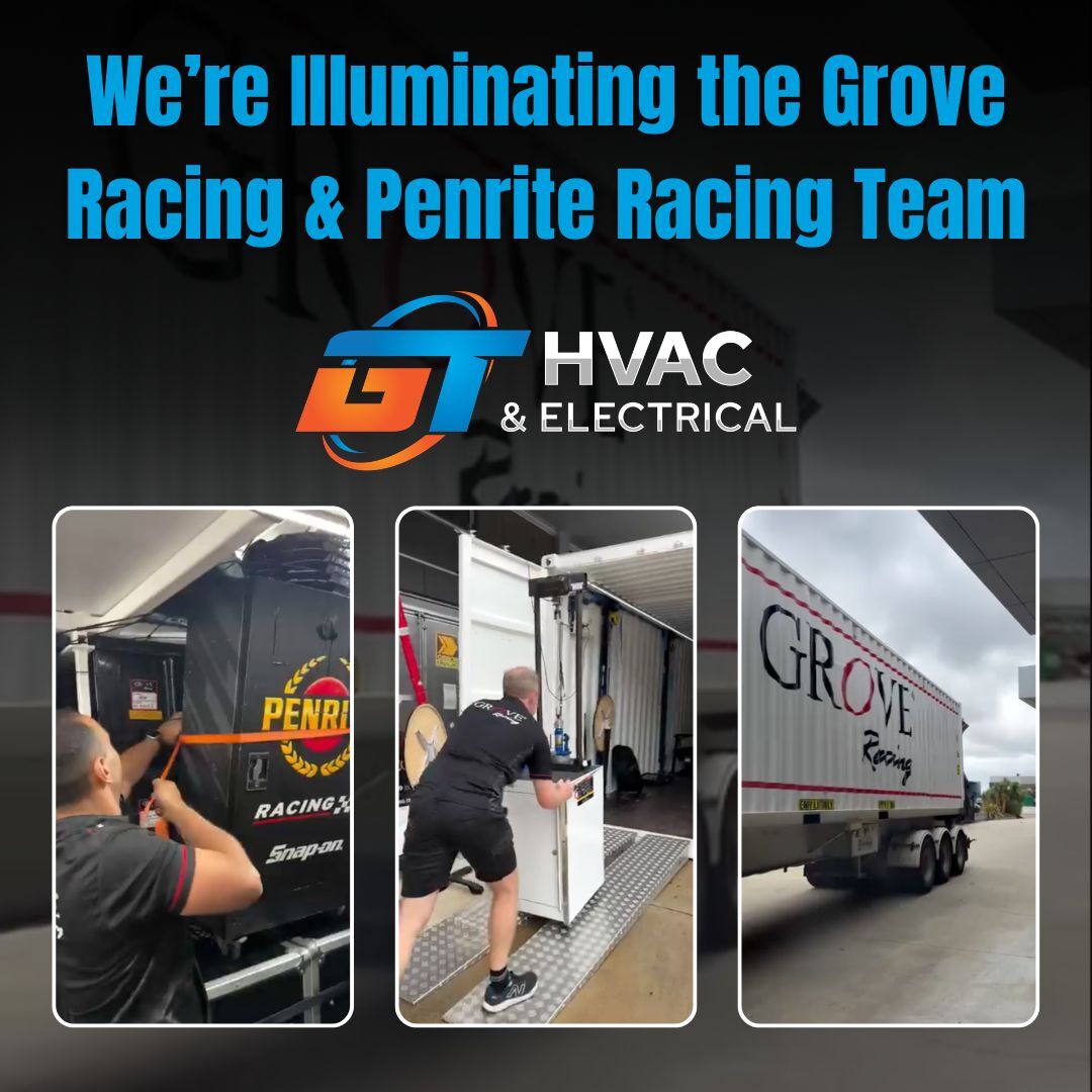 This is an image of the Grove Racing Team and Penrite Racing Team shipping container with their racing cars being shipped from Australia to New Zealand. Electrical Lighting fitted by GT HVAC & Electrical