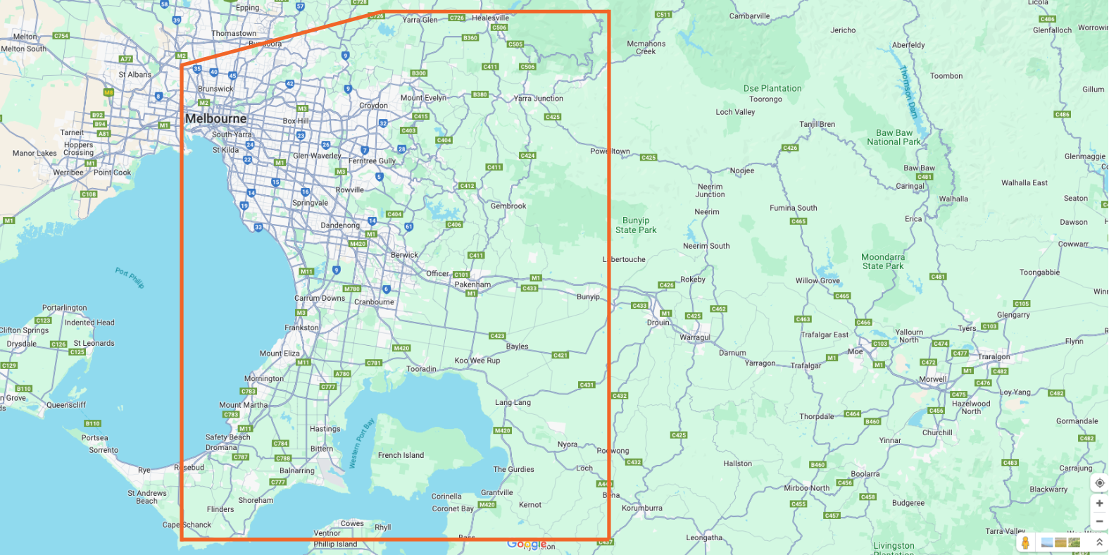Service area map for GT HVAC & Electrical showing Melbourne, Yarra Valley, Mornington Peninsula, Pakenham, Dandenong, Sorrento, French Island, Phillip Island, Yarra Glen, and Yarra Junction highlighted within a coverage boundary.